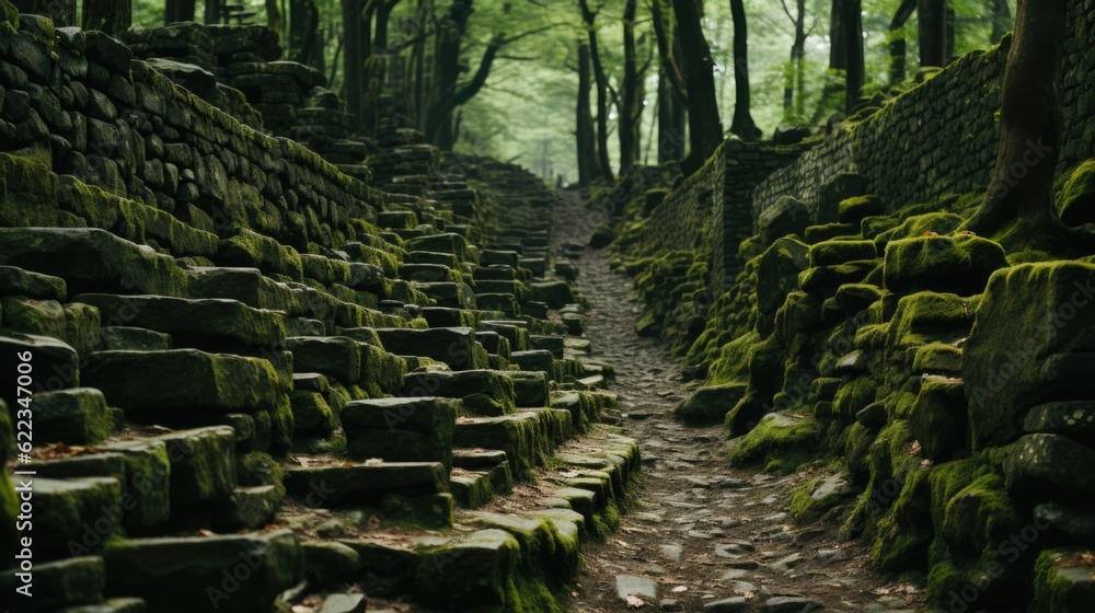 Poster a stone path in a forest with moss growing on the rocks. generative ai image.