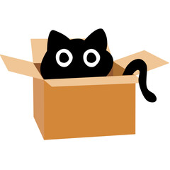 Cute black cat in cardboard box. Cat is looking out of a box. Vector illustration