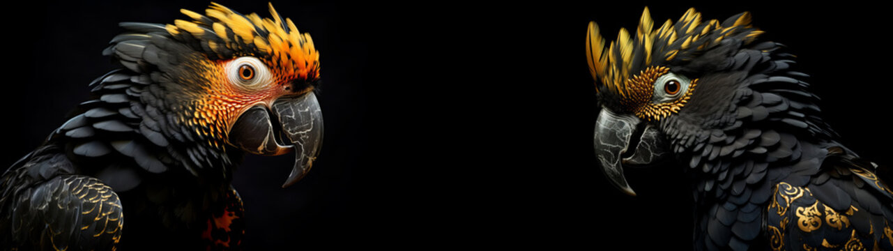 Animals birds banner panorama long - Closeup of two abstract black gold yellow parrot, isolated on black background, Generative Ai