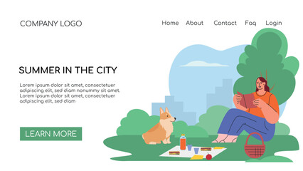 Landing page concept. Summer in the city. People rest in the park, talking with friends, relaxing atmosphere. Girl reading a book with her dog. Flat style