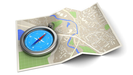 3d illustration of map with compass - navigation concept or icon