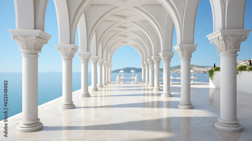 Aufkleber a long hallway with columns leading to the ocean. generative ai image.