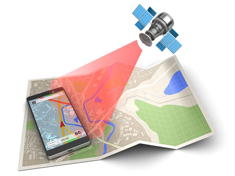 3d illustration of mobile phone and satellite, over map background
