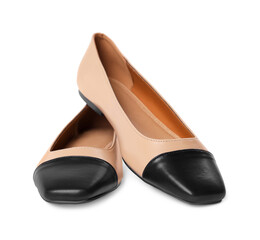 Pair of new stylish square toe ballet flats on white background © New Africa