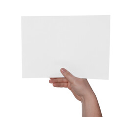 Obraz premium Woman holding sheet of paper on white background, closeup. Mockup for design