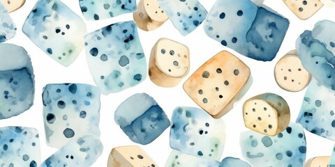 Delicious Roquefort Cheese Background, Horizontal Watercolor Illustration. Creamy Milk Product. Ai Generated Soft Colored Watercolor Illustration with Gourmet Tasty Roquefort Cheese.