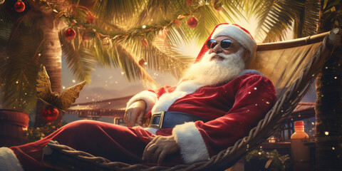 Tropical Christmas Retreat. A tropical Christmas scene with Santa Claus lounging. Holiday relaxation in a paradise setting concept. AI Generative