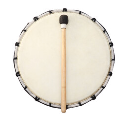 Fototapeta na wymiar Modern drum with drumstick isolated on white, top view