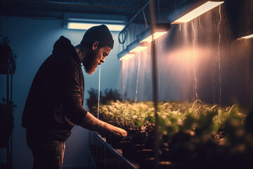 Fototapeta premium Man working in a plant for cbd production. AI generative