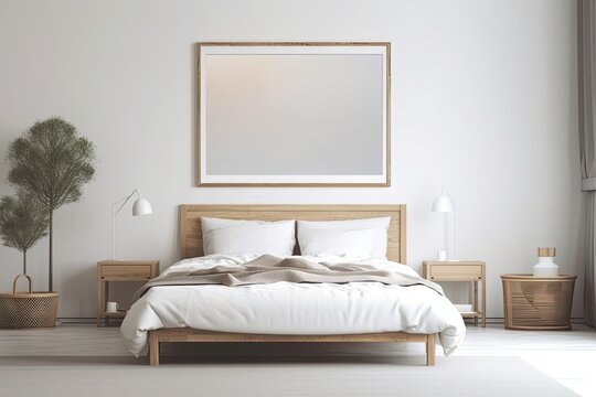 Blank horizontal poster over white bed in bedroom. Clipping path around poster frame, isolated. Generative AI