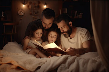 Fototapeta na wymiar Gay couple reading a book with his daughters at home. AI generative