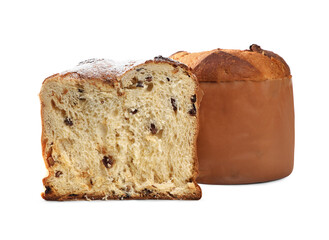 Delicious Panettone cakes on white background. Traditional Italian pastry
