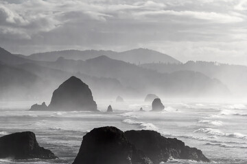 Cannon Beach along Oregon Coast on a Foggy Day Black and White Portrait