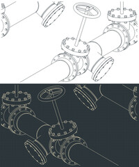Pipes and valves isometric blueprints