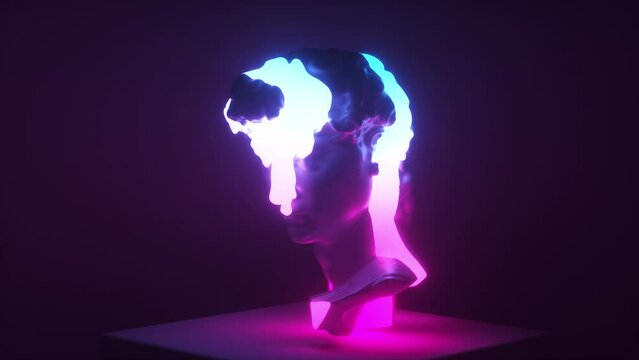 Neon lightning effect at David head sculpture. Transfix art, vaporwave statue. Minimalist art roman bust, aesthetic anti social concept. Pop art style, trippy and retro wave decor.Light reflection art