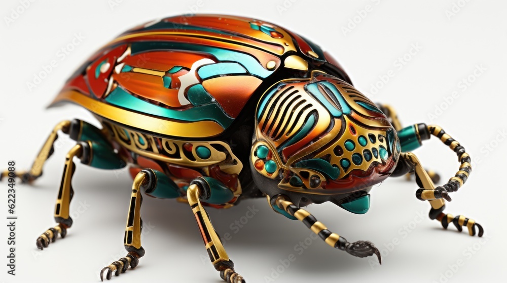 Aufkleber a close up of a colorful beetle on a white surface. generative ai image.