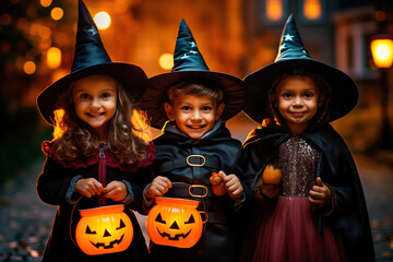Three kids playing trick-or -treat on Halloween night - obrazy, fototapety, plakaty