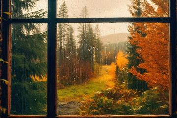 Autumn rainy landscape seen from a window