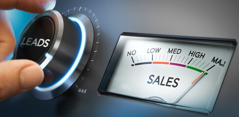 Hand turning a knob to set number of leads to the maximum to generate more sales. Composite image...