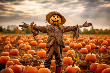 Fototapeta Scary scarecrow in a field full of pumpkins. Halloween concept obraz