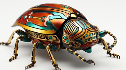 A close up of a colorful beetle on a white surface. Generative AI image.