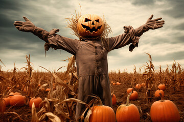 Scary scarecrow in a field full of pumpkins. Halloween concept - obrazy, fototapety, plakaty