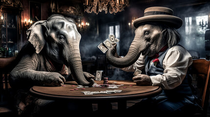 Fototapeta na wymiar An elephant and a donkey face off in a friendly game of poker.