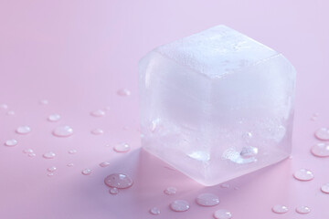 Crystal clear ice cube on light pink background, closeup. Space for text