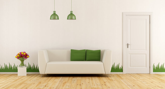 Freshly living room with modern sofa,closed door and grass decoration on wall - 3d rendering
