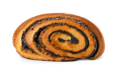 Tasty bun with poppy seeds isolated on white. Fresh pastry