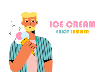 This digital illustration showcases a bearded man holding an ice cream, capturing the essence of a summer concept. The happy his face convey the pleasure of enjoying a refreshing treat on a sunny day.