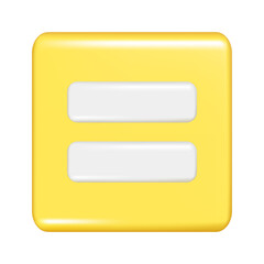 Realistic 3d yellow square shape with equal sign. Decorative square button icon, button symbol with education maths element. Abstract vector illustration isolated on white background