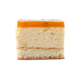 Piece of cheesecake with jelly on white background