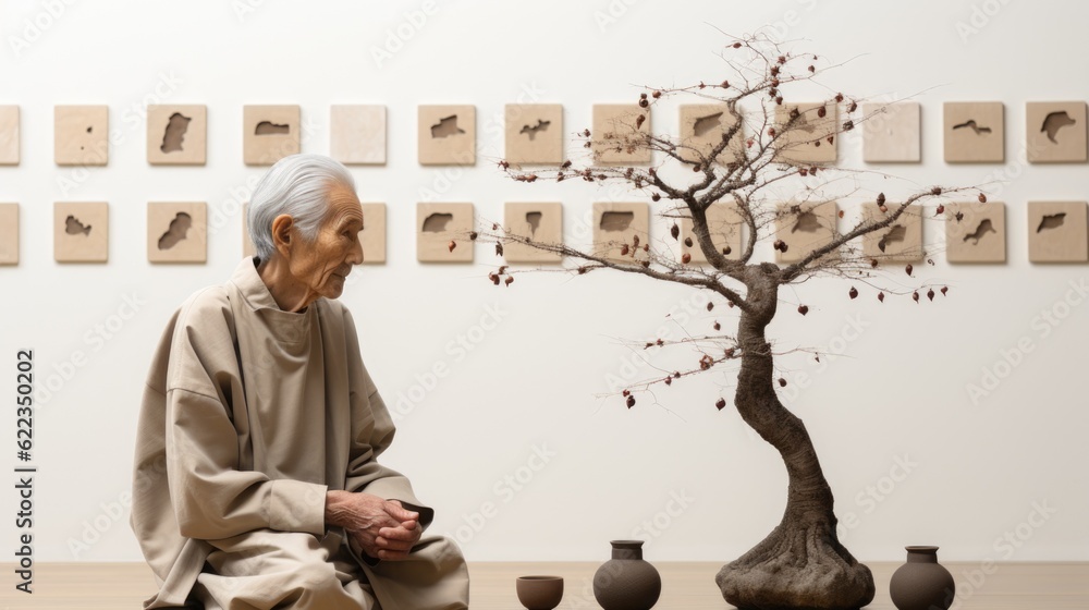 Aufkleber a man sitting in front of a bonsai tree. generative ai image.