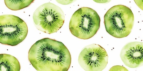 Fototapeta premium Fresh Organic Kiwi Fruit Background, Horizontal Watercolor Illustration. Healthy Vegetarian Diet. Ai Generated Soft Colored Watercolor Illustration with Delicious Juicy Kiwi Fruit.