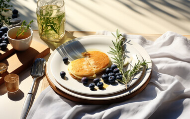 Dining table set with pancakes, blueberries, and rosemary on white plate, knife, fork, wooden tray in sunlight with leaf shadows. Ideal 3D background for breakfast, food, and drink presentations.