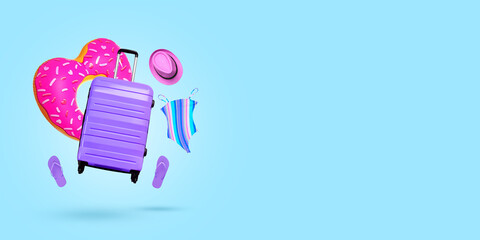Suitcase and beach accessories flying on light blue background. Banner design with space for text