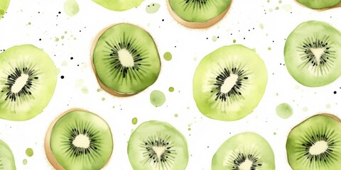 Fototapeta premium Fresh Organic Kiwi Fruit Background, Horizontal Watercolor Illustration. Healthy Vegetarian Diet. Ai Generated Soft Colored Watercolor Illustration with Delicious Juicy Kiwi Fruit.