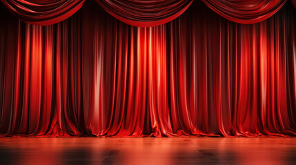 Closed vibrant red satin curtain drapes on a maroon red stage floor with a spotlight from the top—a dynamic 3D background for luxury performances, shows, concerts, theaters, and exhibition events.