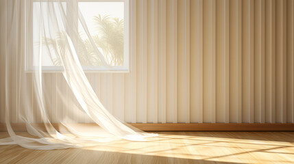 Natural Illumination: Sunlit Sheer Curtain and Beige Brown Stripe Wallpaper