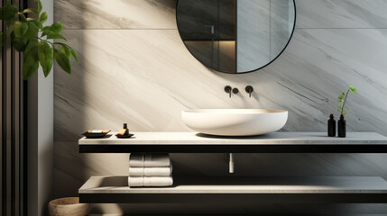 Modern loft bathroom with white marble vanity, black round mirror, glass partition, and polished cement walls—a perfect 3D backdrop for cosmetic, beauty, and toiletries product displays.