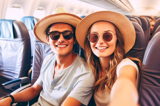 A happy couple in straw hats and sunglasses boarding a plane about to go on vacation