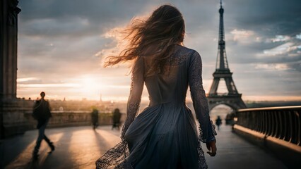 casual beautiful dfress rear view of woman traveller positive attitude walking tour day trip at Front Of Eiffel Tower, image ai generate