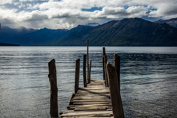 Pier made of logs on Lake Traful, Villa Traful, Neuquén, Patagonia Argentina