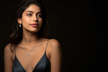 Naklejka premium Festive Elegance celebration with a pretty Indian woman adorned with luxury minimal jewelry. Festive beauty and cultural charm concept. AI Generative