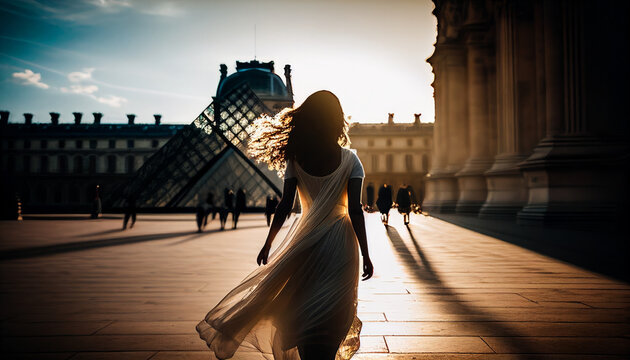 casual woman travel walking to paris louvre sunset moment travel concept, image ai generate
