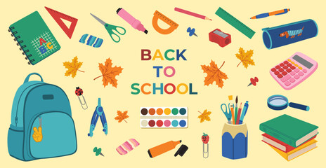 Back to school banner with school elements. Backpack, textbooks, calculator, pencil case, paints, pens, notebook, magnifying glass, clips, markers. Hand drawn vector illustration, flat cartoon style. - obrazy, fototapety, plakaty