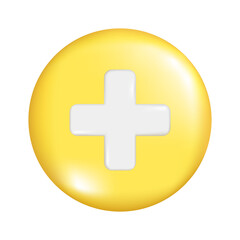 Realistic 3d yellow round sphere shape with plus sign. Decorative circle button icon, spherical symbol, education maths element. Abstract vector illustration isolated on a white background.