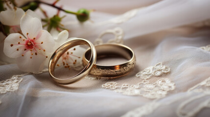 Wedding rings on lace. Generative AI