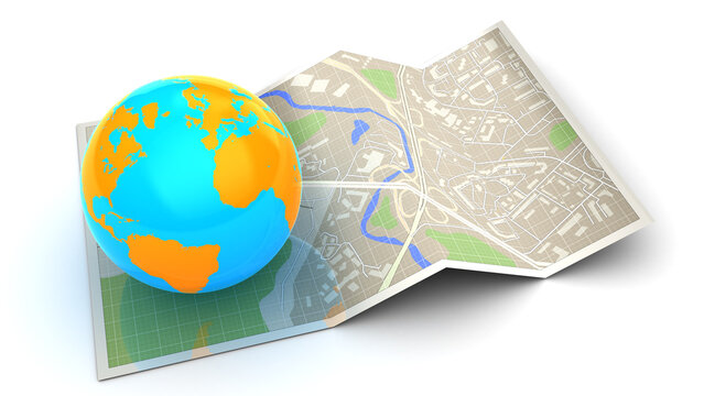3d illustration of folded map and earth globe - global navigation concept